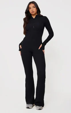Black Thumbhole Zip Detail Rib Jumpsuit