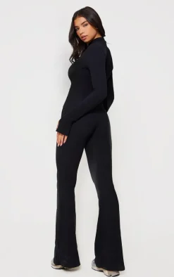 Black Thumbhole Zip Detail Rib Jumpsuit