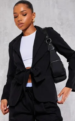 Black Tie Front Bow Textured Blazer
