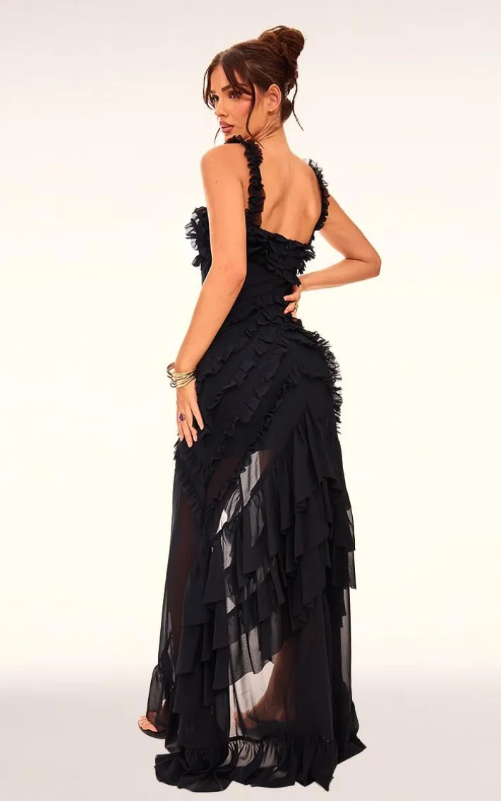 Black Tiered Frill Detail Maxi Dress