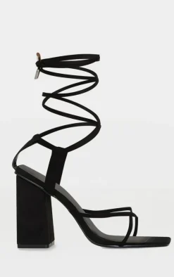 Black Toe Loop Ankle Tie Chunky Block Heel Sandals