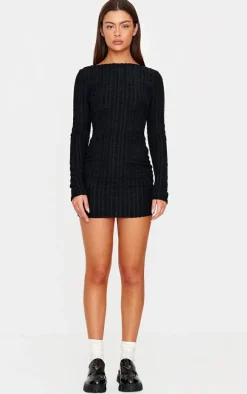 Black Towel Boat Neck Bodycon Dress