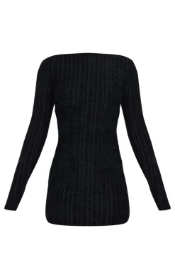 Black Towel Boat Neck Bodycon Dress