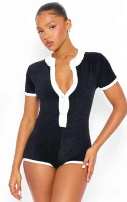 Black Toweling Contrast Detail Unitard