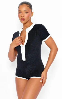 Black Toweling Contrast Detail Unitard