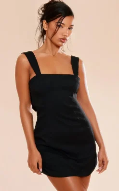 Black Twill Cut Out Bow Shift Dress