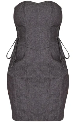 Black Twill Lace Up Bandeau Bodycon Dress