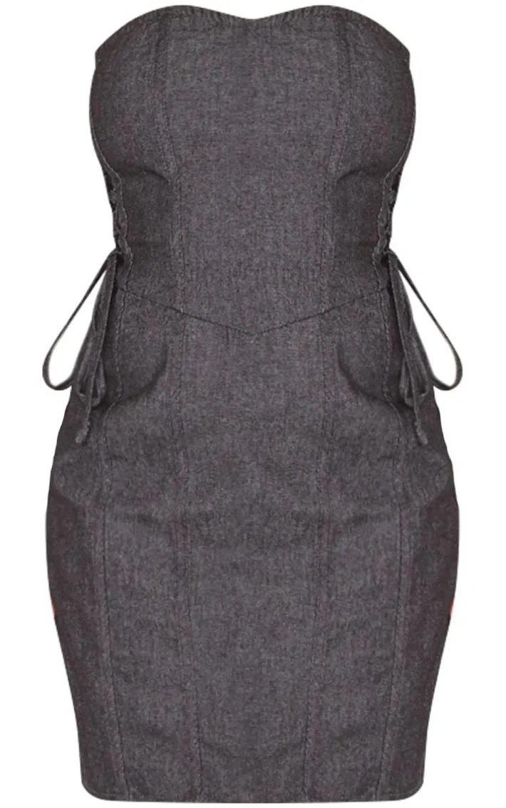 Black Twill Lace Up Bandeau Bodycon Dress