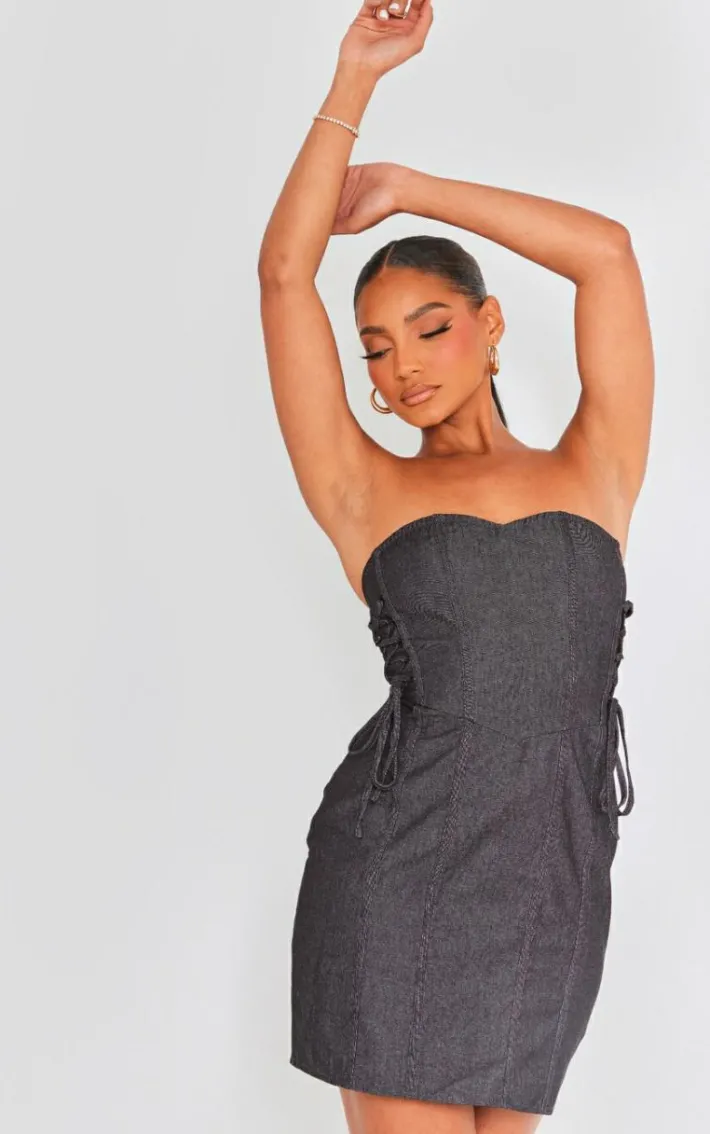 Black Twill Lace Up Bandeau Bodycon Dress