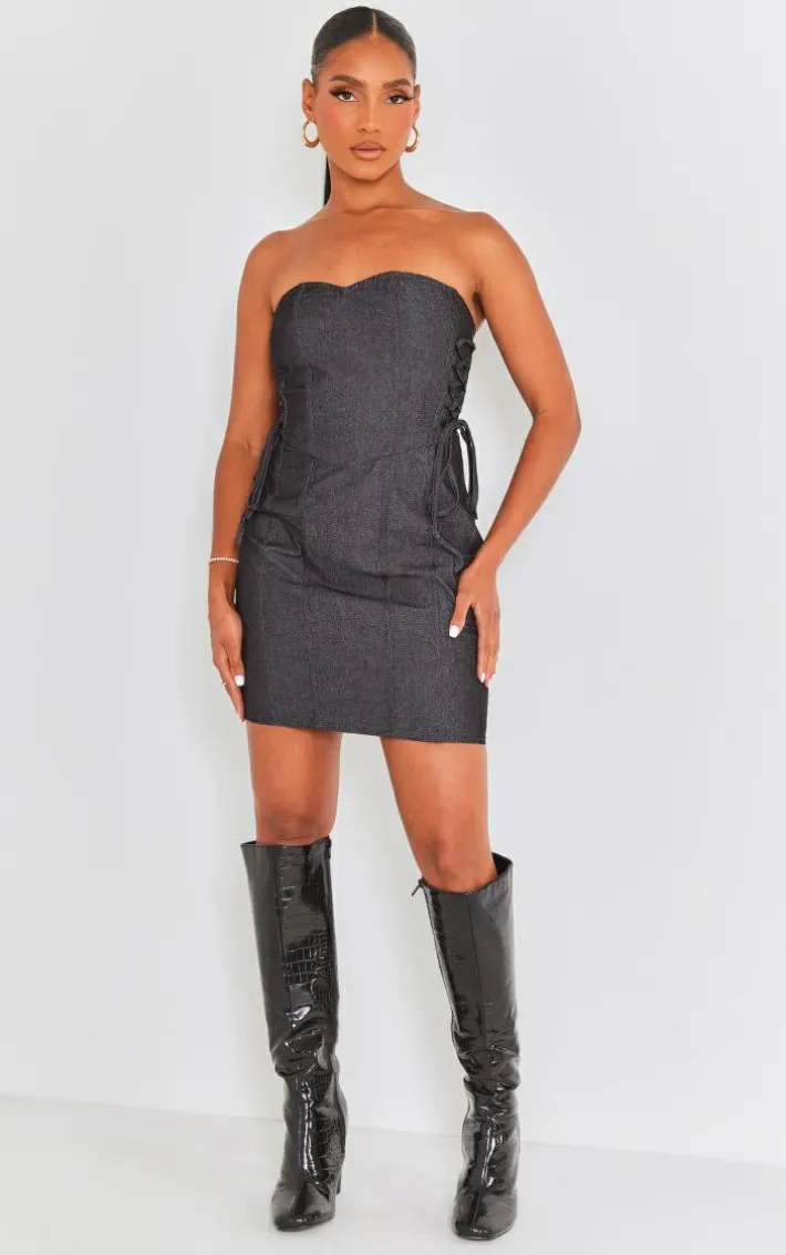 Black Twill Lace Up Bandeau Bodycon Dress