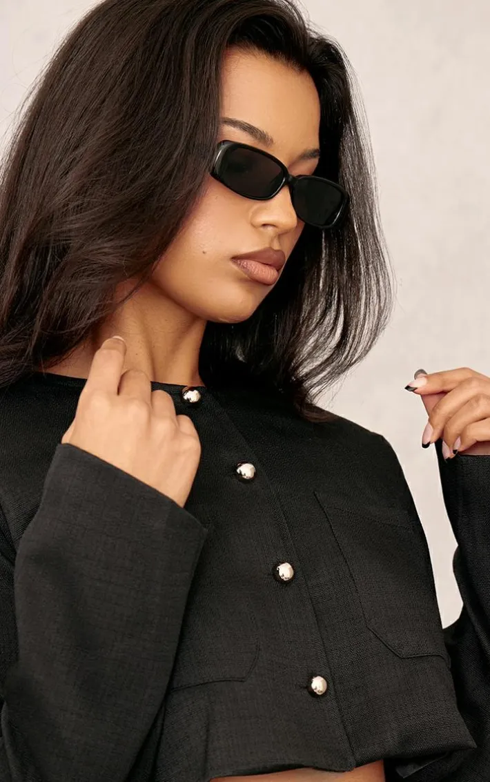 Black Ultra Slim Rounded Rectangular Sunglasses