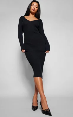 Black V Neck Knit Midi Dress