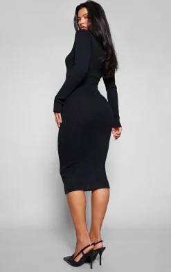 Black V Neck Knit Midi Dress