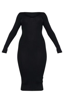 Black V Neck Knit Midi Dress