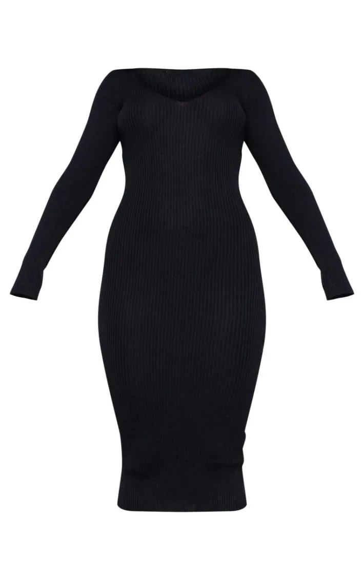 Black V Neck Knit Midi Dress
