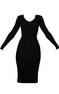 Black V Neck Knit Midi Dress