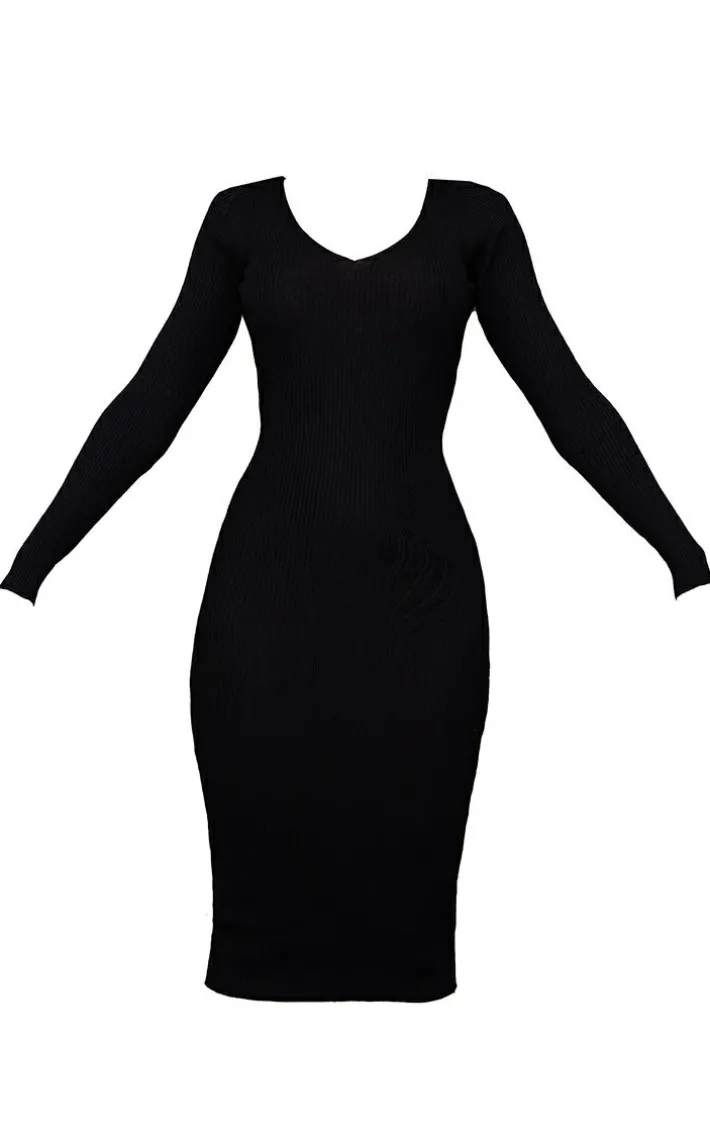 Black V Neck Knit Midi Dress
