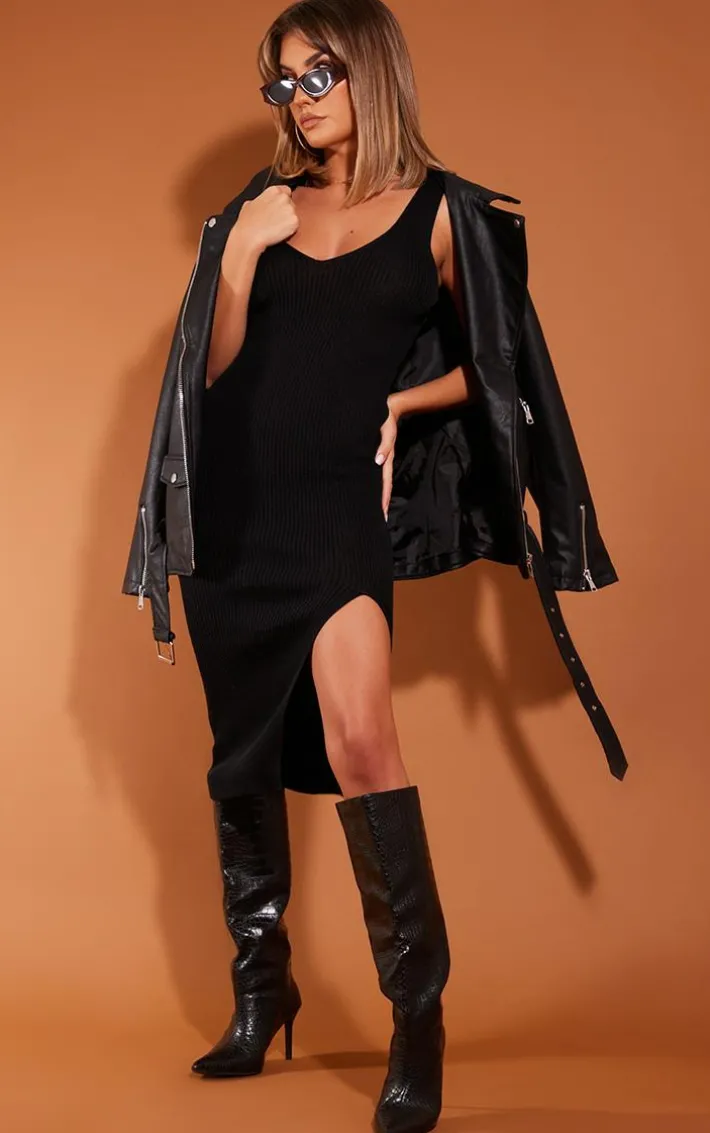 Black V Neck Side Split Knit Midi Dress