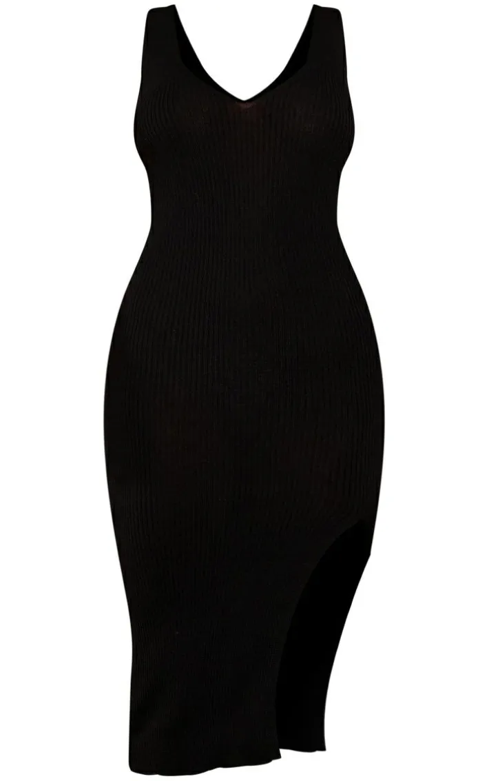 Black V Neck Side Split Knit Midi Dress