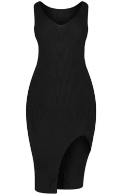 Black V Neck Side Split Knit Midi Dress