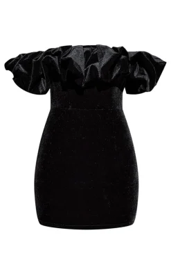 Black Velvet Bardot Ruffle Bodycon Dress