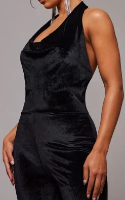 Black Velvet Cowl Neck Wide Leg Jumpsuit