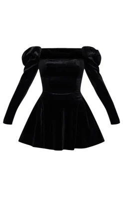 Black Velvet Extreme Puff Sleeve Skater Dress