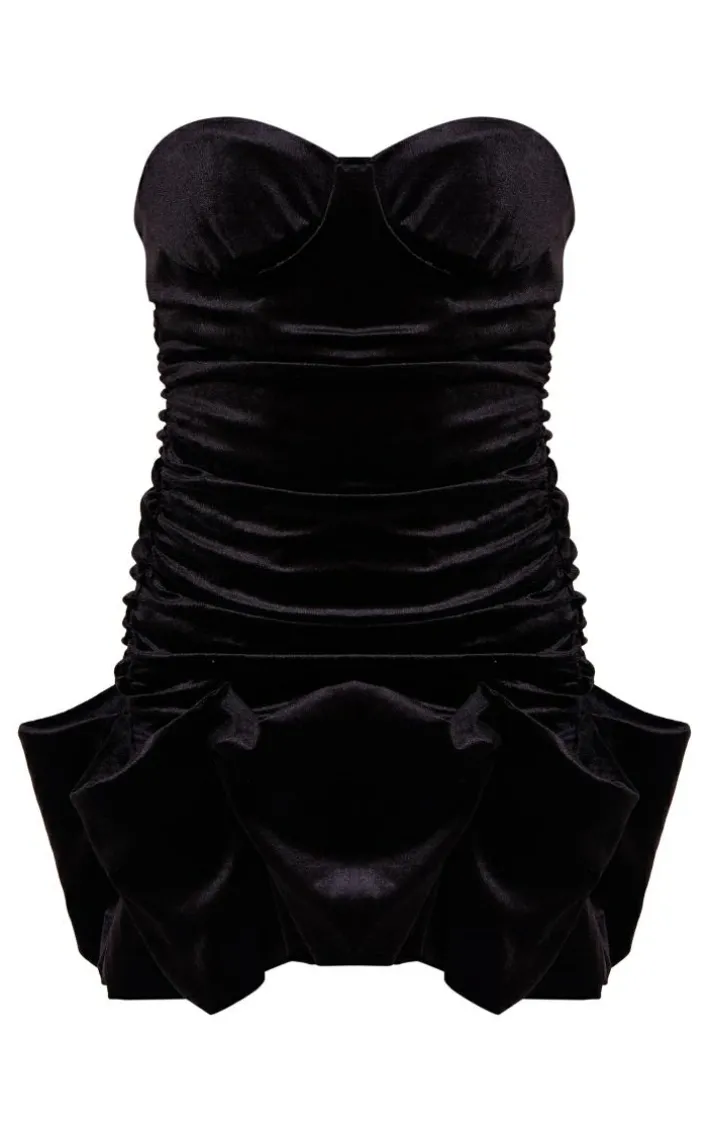 Black Velvet Puff Hem Bandeau Bodycon Dress