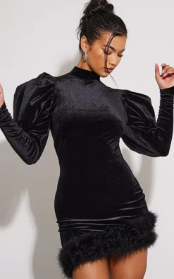 Black Velvet Puff Sleeve Feather Trim Open Back Bodycon Dress