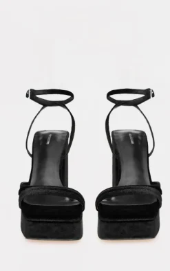 Black Velvet Square Toe Strappy Block Platform Heels