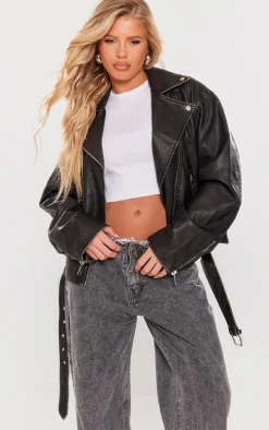 Black Vintage Faux Leather Oversized Zip Up Biker Jacket