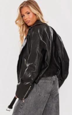 Black Vintage Faux Leather Oversized Zip Up Biker Jacket