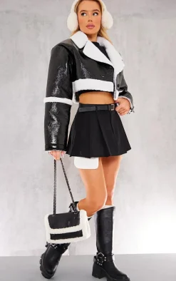 Black Vinyl Borg Cropped Coat