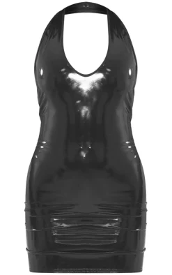 Black Vinyl Halterneck Bodycon Mini Dress