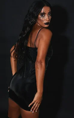 Black Vinyl Strappy Bodycon Fishnet Insert Dress