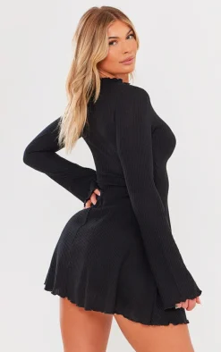 Black Waffle Texture Flare Sleeve Shift Dress