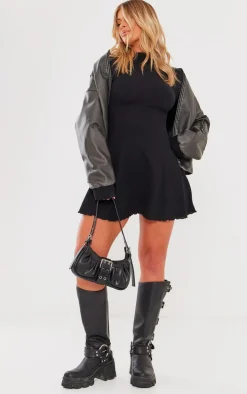 Black Waffle Texture Flare Sleeve Shift Dress