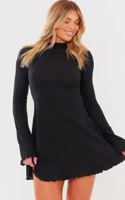 Black Waffle Texture Flare Sleeve Shift Dress