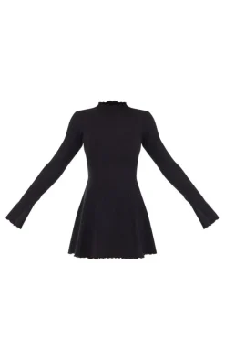 Black Waffle Texture Flare Sleeve Shift Dress