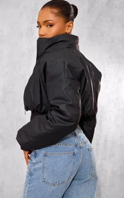 Black Wax Look Zip Up Cropped Puffer Coat