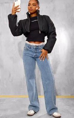 Black Wax Look Zip Up Cropped Puffer Coat