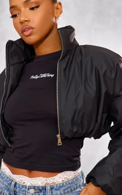 Black Wax Look Zip Up Cropped Puffer Coat