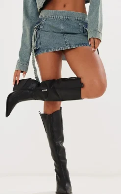 Black Western Pointed Wedge Heeled Knee Boots