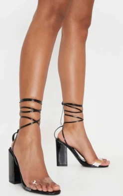 Black Wide Fit Block Heel Ankle Tie Strappy Sandal