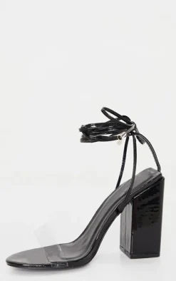 Black Wide Fit Block Heel Ankle Tie Strappy Sandal