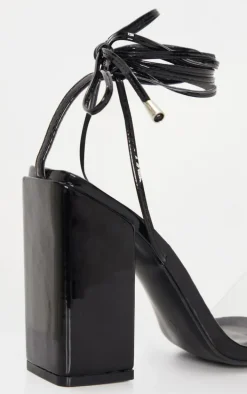 Black Wide Fit Block Heel Ankle Tie Strappy Sandal