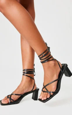 Black Wide Fit Block Heel Square Toe Ankle Tie Strappy Sandals