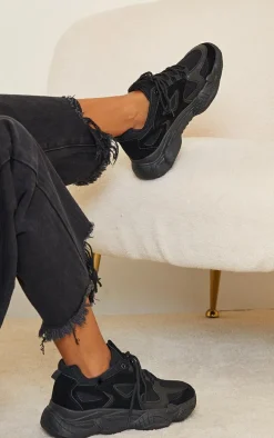 Black Wide Fit Chunky Bubble Sole Panelled Up Sneakers