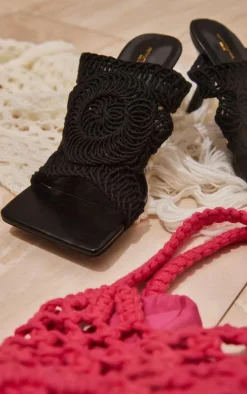 Black Wide Fit Crochet Strap Square Toe Mid Heeled Mules