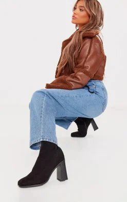 Black Wide Fit Faux Suede Block Heeled Sock Ankle Boots